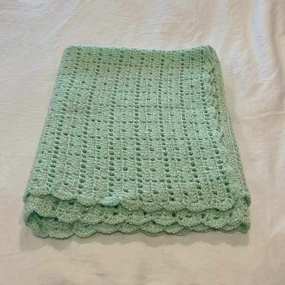 Sage Mint Green Baby Blanket Hand Crochet Edge Detail Shimmer 31x37 - Picture 1 of 6